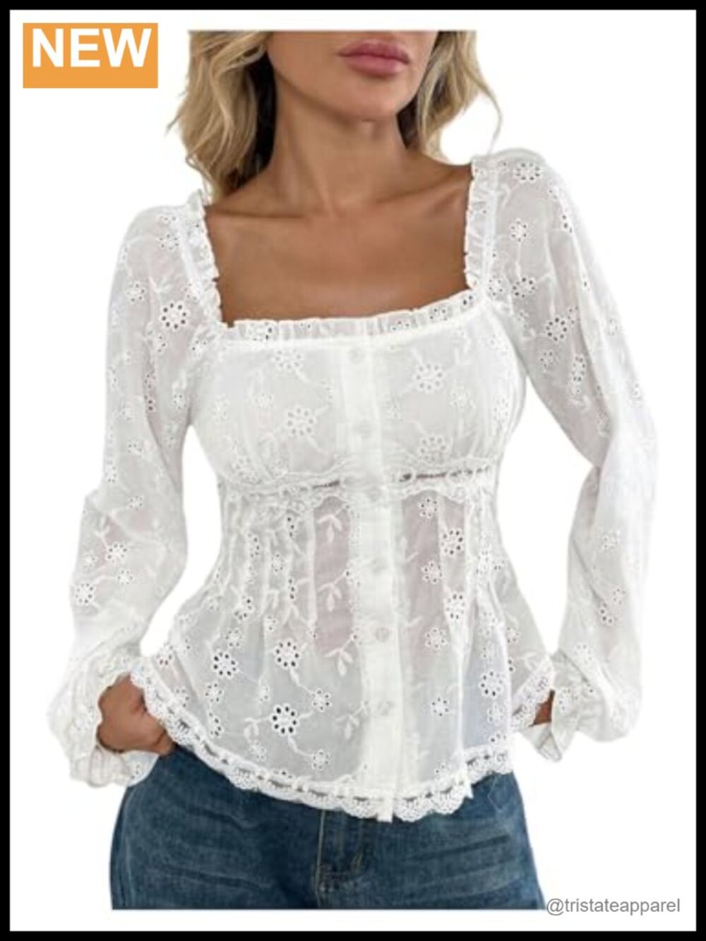 Women's Eyelet Ruffle Trim Square Neck Long Sleeve Blouse